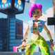 A pink haired rock musician holds a dumbbell as she prepares to fight a man atop a skyscraper.
